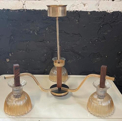 Prachtige vintage mid century hanglamp teak messing glas, Huis en Inrichting, Lampen | Hanglampen, Gebruikt, Minder dan 50 cm
