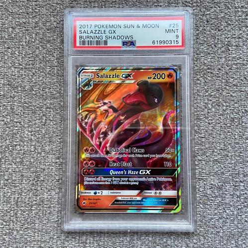 PSA 9 Salazzle GX Burning Shadows, Hobby en Vrije tijd, Verzamelkaartspellen | Pokémon, Zo goed als nieuw, Losse kaart, Foil, Ophalen of Verzenden