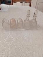 Compl. kristallen menageset; Peper zout, mosterd, olie azijn, Antiek en Kunst, Antiek | Glas en Kristal, Ophalen of Verzenden