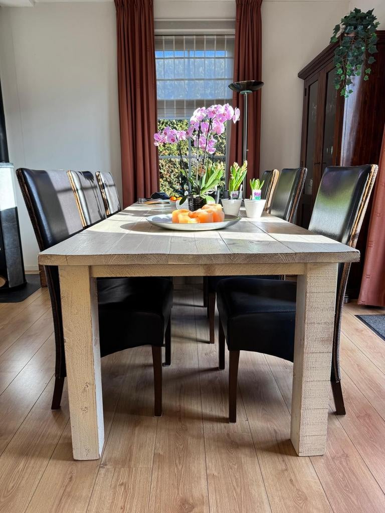Landelijke witte eettafel met 8 stoelen, Ophalen, 200 cm of meer, 50 tot 100 cm, Landelijk