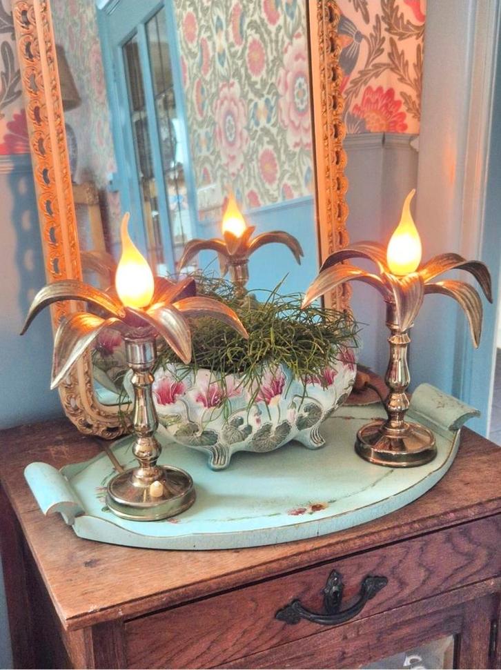 Hollywood regency stijl Palmboom Lampen Set Willy Daro, Huis en Inrichting, Lampen | Tafellampen, Gebruikt, Minder dan 50 cm, Metaal