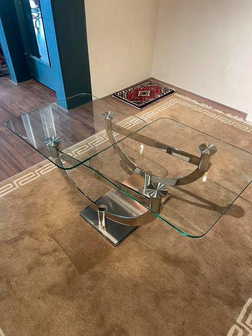 Design tafel glas & chroom draaibaar (Scandinavisch?), Huis en Inrichting, Tafels | Salontafels, Gebruikt, 100 tot 150 cm, 50 tot 100 cm