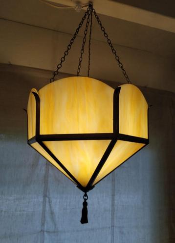 Art deco hanglamp, plafondlamp, glas in messing 1920 - 1930 beschikbaar voor biedingen
