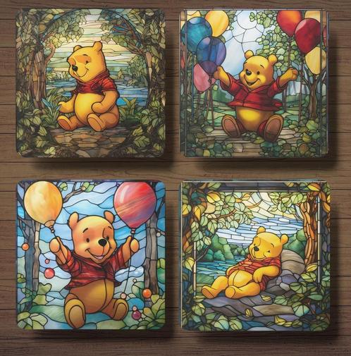 Winnie de Pooh Glas in Lood onderzetters met houder, Huis en Inrichting, Woonaccessoires | Onderzetters, Nieuw, Glas of Kopje