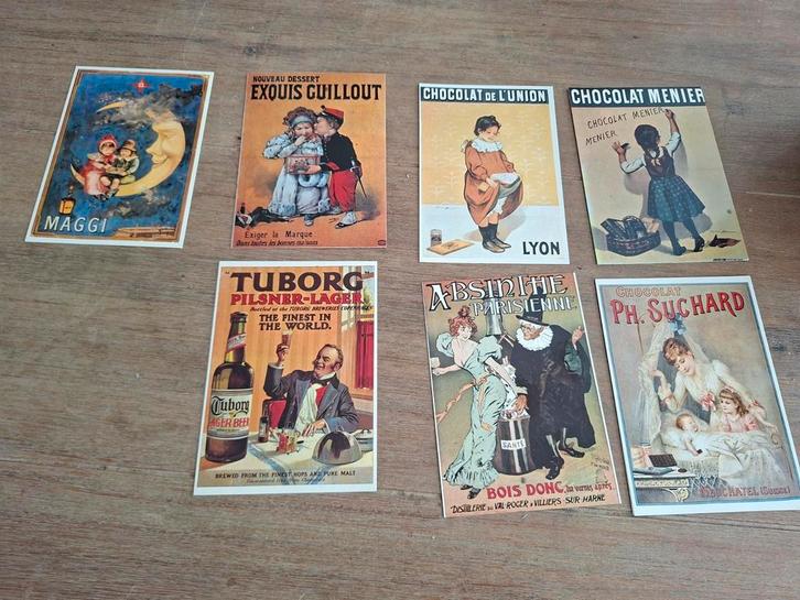Set van 7 Vintage Reclamekaarten – Nostalgische Blikvangers!, Verzamelen, Foto's en Prenten, Voor 1940, Ophalen of Verzenden