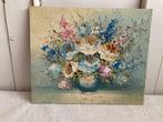 Brocante schilderstukje op hardboard / Bloemen, Ophalen of Verzenden