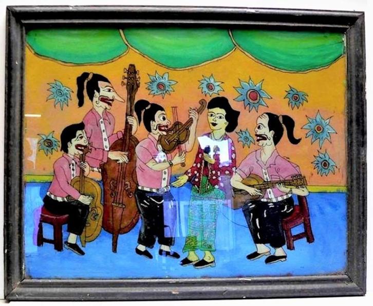 Authentiek Javaans schilderij achter glas Krontjong-orkestje, Antiek en Kunst, Kunst | Schilderijen | Klassiek, Ophalen