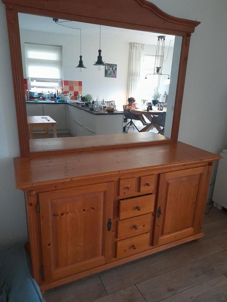 Gratis Grenen Buffetkast met Spiegel - 163cm breed, Huis en Inrichting, Kasten | Dressoirs, Gebruikt, 150 tot 200 cm, 50 tot 75 cm