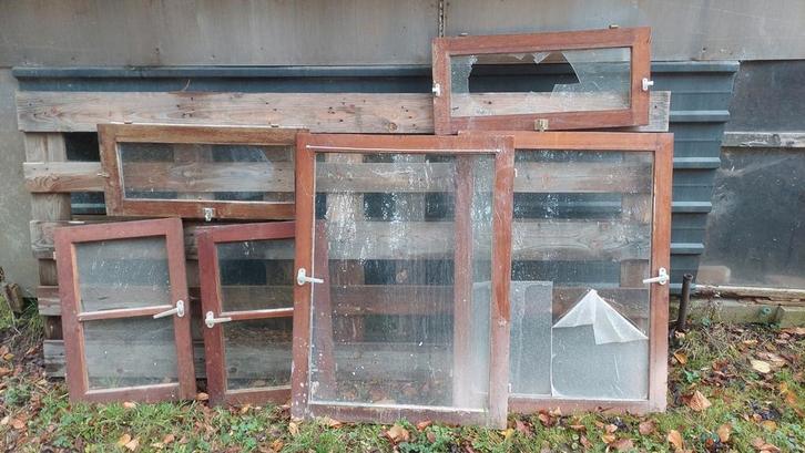 Houten ramen met glas - in totaal 6 stuks, Doe-het-zelf en Verbouw, Glas en Ramen, Gebruikt, Gevelraam of Ruit, Minder dan 80 cm