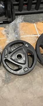 2 x 15 kg nieuwe Olympische halter schijven 50 mm, Ophalen, Halterschijven, Zo goed als nieuw, 50 mm