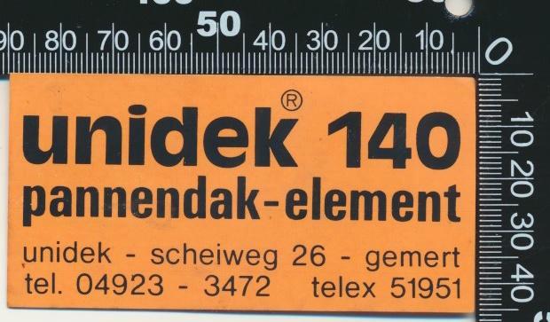 Sticker: Unidek - Unidek 140 Pannendak Element - Gemert, Verzamelen, Stickers, Zo goed als nieuw, Bedrijf of Vereniging, Ophalen of Verzenden