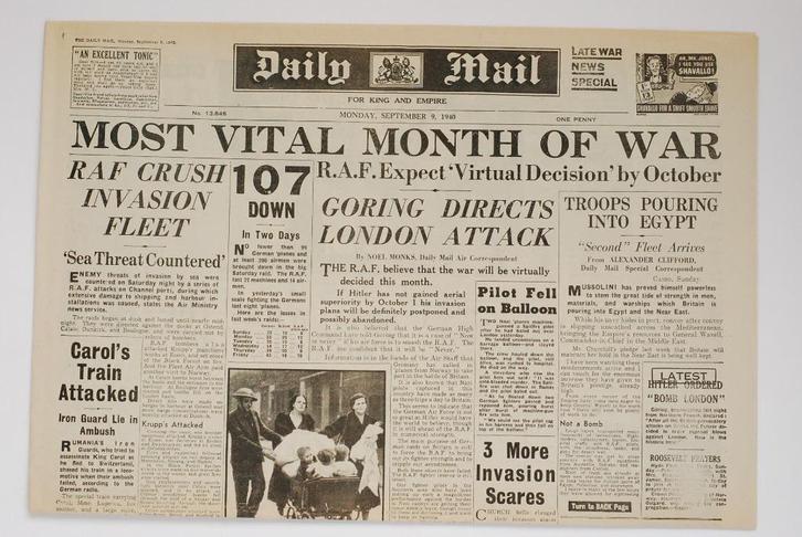 9 september 1940 - Daily Mail | Heruitgave 1994, Boeken, Tijdschriften en Kranten, Zo goed als nieuw, Krant, Verzenden