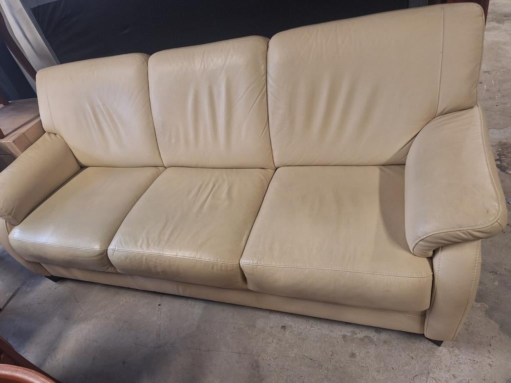 Wit/creme leren 3 zits bank, Huis en Inrichting, Banken | Bankstellen, Ophalen, Gebruikt, 75 tot 100 cm, 200 tot 250 cm