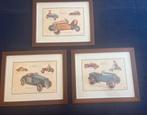 3 Vintageauto prenten mooi ingelijst, Ophalen of Verzenden, Schilderij, Minder dan 50 cm