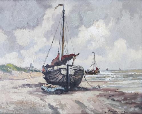 Jos van Dijk (1931-2000) - Vissersboten op het strand, Antiek en Kunst, Kunst | Schilderijen | Klassiek, Ophalen of Verzenden