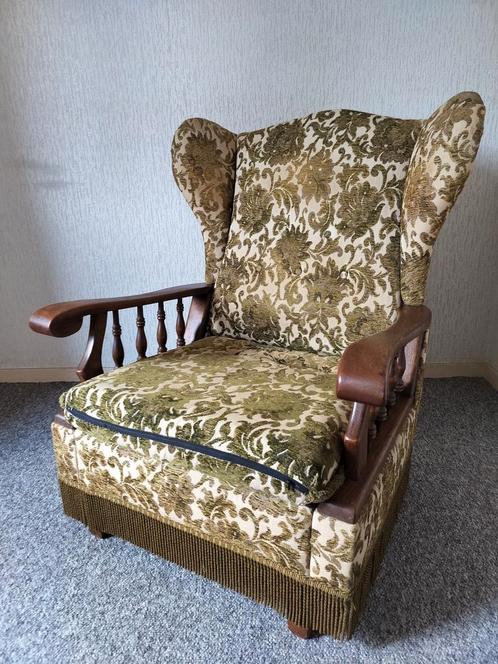 Vintage Fauteuil Groen, Huis en Inrichting, Fauteuils, Gebruikt, Hout, Stof, 75 tot 100 cm, 75 tot 100 cm, Ophalen
