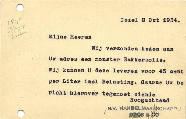NV Handelmaatschappij Dros + Co. Texel - 10.1934 - briefkaar, Postzegels en Munten, Brieven en Enveloppen | Nederland, Briefkaart