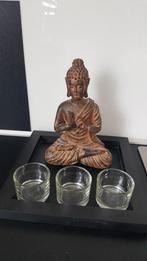 Boeddha plateau met 3 glazen theelichtjes, Ophalen of Verzenden, Zo goed als nieuw, Kaars