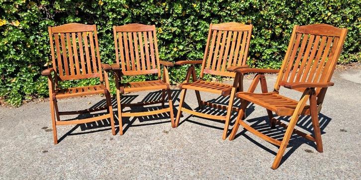 4 Teakhouten standenstoelen merk Blauwe Ven, inklapbaar, Tuin en Terras, Tuinstoelen, Gebruikt, Teakhout, Inklapbaar, Verstelbaar