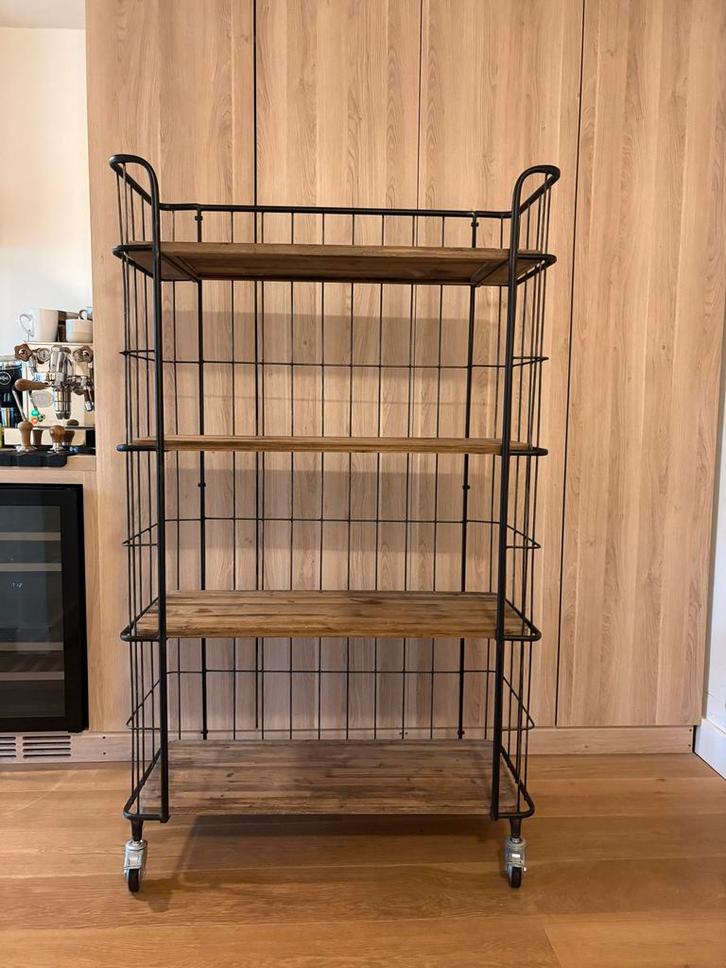 Industriële Stellingkast met Wielen - Zwart/Hout, Huis en Inrichting, Kasten | Stellingkasten, Gebruikt, Ophalen