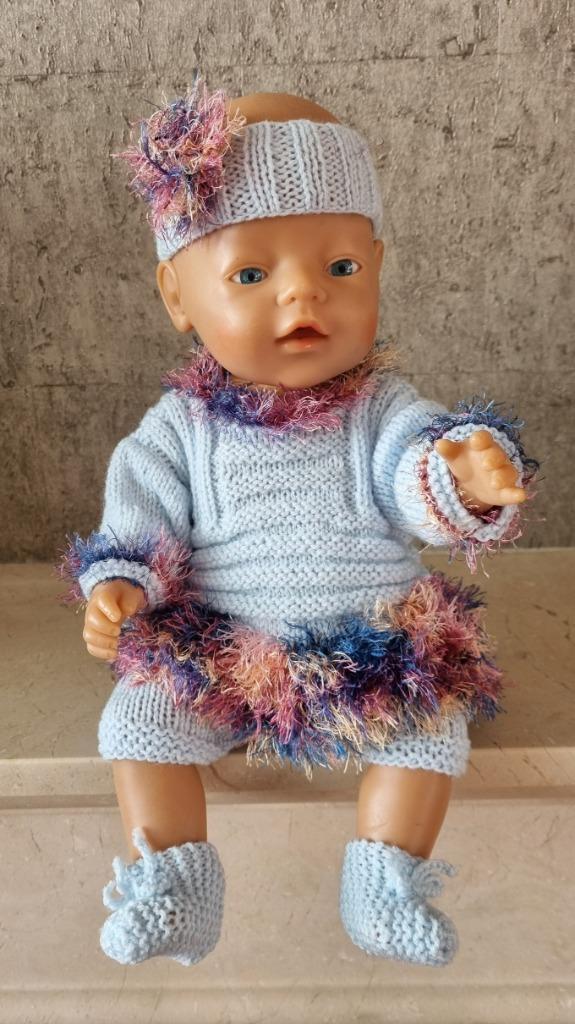 Handgemaakte poppenkleding set blauw/bont (40-45 cm) E, Kinderen en Baby's, Speelgoed | Poppen, Nieuw, Babypop, Ophalen of Verzenden