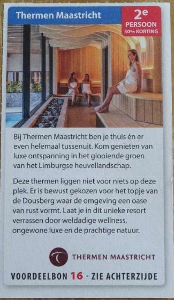 Thermen Maastricht kortingsbon 2e persoon 50% korting, Tickets en Kaartjes, Kortingen en Cadeaubonnen, Twee personen, Spa of Sauna