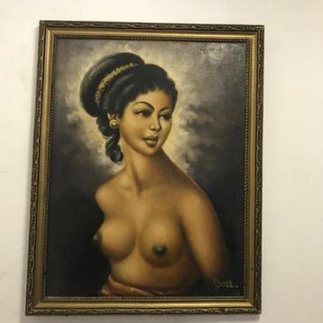 Schilderij, portret van een mooie Balinese/Javaanse vrouw  beschikbaar voor biedingen