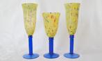 Drie geel blauw glazen Wijnglazen – spetterglas CZ / Murano, Ophalen of Verzenden