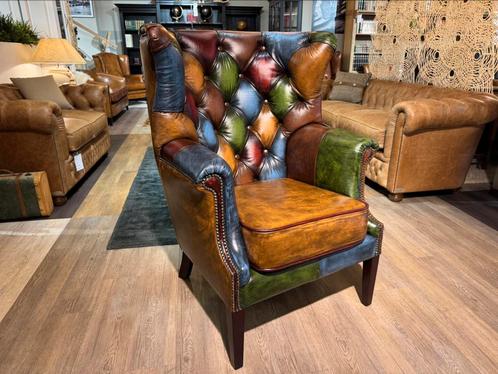 Chesterfield Oorfauteuil Harlequin Patchwork Multicolor Leer, Huis en Inrichting, Fauteuils, Nieuw, Leer, 75 tot 100 cm, Ophalen of Verzenden