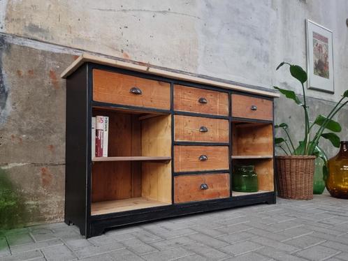 Zwart Houten Dressoir | Industriele Lage Kast Lowboard Hout, Huis en Inrichting, Kasten | Dressoirs, Gebruikt, 150 tot 200 cm