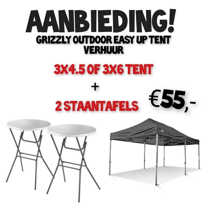 Dichte easy up Grizzly outdoor huren? €55,- incl 2 staantafe, Huis en Inrichting, Tafels | Statafels, Zo goed als nieuw, Ophalen of Verzenden