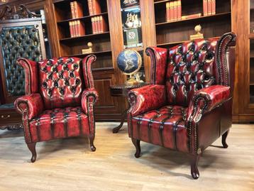 Chesterfield King Fauteuils antiek rood leer beschikbaar voor biedingen