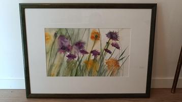 Aquarel(?) schilderij met passe partout in luxe groene lijst beschikbaar voor biedingen