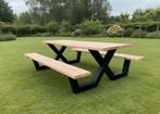 Picknicktafel met stalen X-Poten | gepoedercoat RAL9005, Tuin en Terras, Ophalen, Zo goed als nieuw, Rechthoekig, Hout