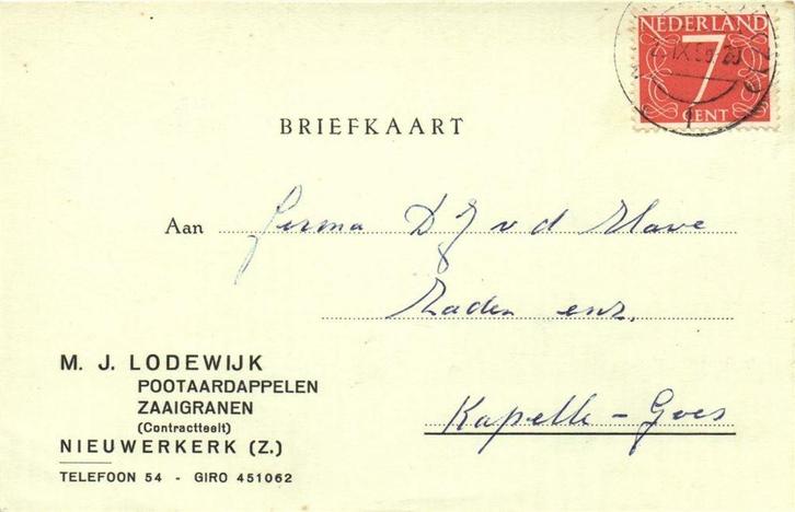 M.J. Lodewijk, Nieuwerkerk [Z.] - 09.1955 - briefkaart, Postzegels en Munten, Brieven en Enveloppen | Nederland, Envelop, Ophalen of Verzenden