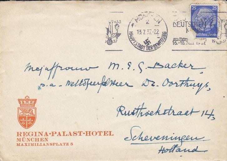 Poststuk Hotel Envelop Regina-Palast gestempeld Munchen 1937, Postzegels en Munten, Brieven en Enveloppen | Nederland, Envelop