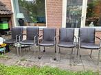 5 stuks lederen stoelen met stalen frame, Huis en Inrichting, Stoelen, Ophalen, Gebruikt, Bruin, Metaal
