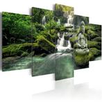 666 Natuur Waterval Buddha 5 Luik Canvas Schilderij 200x100, Ophalen of Verzenden
