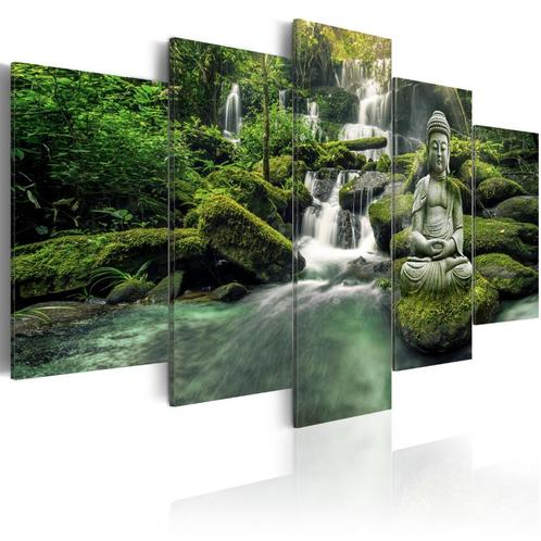 666 Natuur Waterval Buddha 5 Luik Canvas Schilderij 200x100, Antiek en Kunst, Kunst | Schilderijen | Klassiek, Ophalen of Verzenden