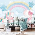 Eenhoorn behang Pastel Blauw, regenboog babykamer Unicorn, Verzenden, Nieuw, Wanddecoratie