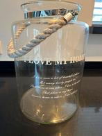 Glazen vaas met koord en tekst., Huis en Inrichting, Ophalen, Zo goed als nieuw
