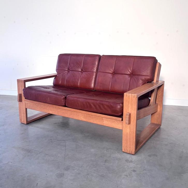 Vintage jaren 60 70 bankstel Bonanza leer eiken 2 zit, Huis en Inrichting, Banken | Bankstellen, Gebruikt, Rechte bank, Tweepersoons