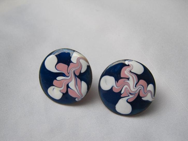 Oorbellen koper en blauw wit roze vuur emaille schroefmodel, Sieraden, Tassen en Uiterlijk, Oorbellen, Zo goed als nieuw, Overige materialen