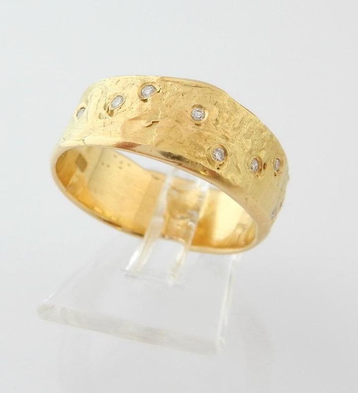 Brede 14 Karaat Gouden Ring Damesring 9 Diamanten, Sieraden, Tassen en Uiterlijk, Ringen, Nieuw, Dame, 17 tot 18, Goud, Goud, Met edelsteen