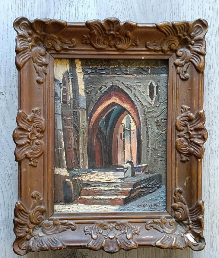 Zicht op een Kerk (Ingang) Interieur - 1920 - Gesigneerd, Antiek en Kunst, Kunst | Schilderijen | Klassiek, Ophalen of Verzenden
