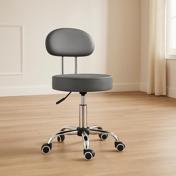 Ronde draaikruk grijs met rugleuning - Sens Design, Huis en Inrichting, Krukjes, Nieuw, Hout, In hoogte verstelbaar, Ophalen of Verzenden