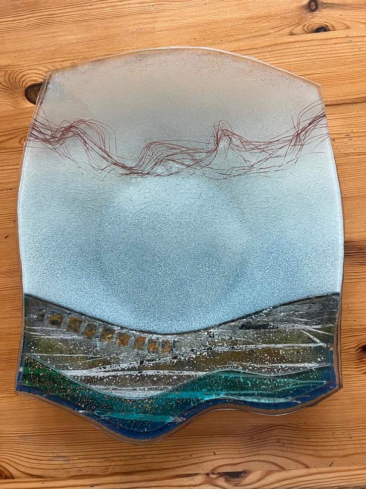 Handgemaakte glazen schaal met gebarsten effect - Turquoise, Antiek en Kunst, Antiek | Glas en Kristal, Ophalen of Verzenden