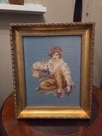 Geborduurd schilderij meisje met konijntje vergulde lijst, Ophalen of Verzenden