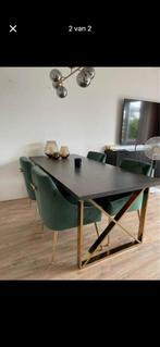 Zwarte Visgraat Eettafel + Salontafel met Gouden Poten, Ophalen, 100 tot 150 cm, Zo goed als nieuw, Vijf personen of meer