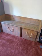 Steigerhouten speeltafel met 2  opbergbakken op wielen., Ophalen